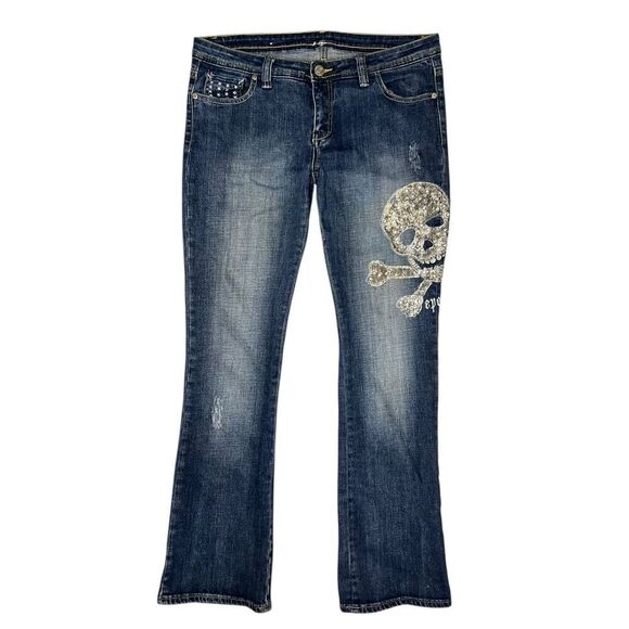 Vintage Pepe Jeans Women’s 32 Flare Jeans Low Rise Skulls Rhinestones Denim Y2K - Picture 1 of 7
